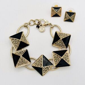 Vera Wang‎ Black Gold Crystal Statement Bracelet & Matching Post Earrings Set